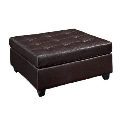 Brown Faux Leather Tufted Round Wood Ottomans (Photo 16 of 20)