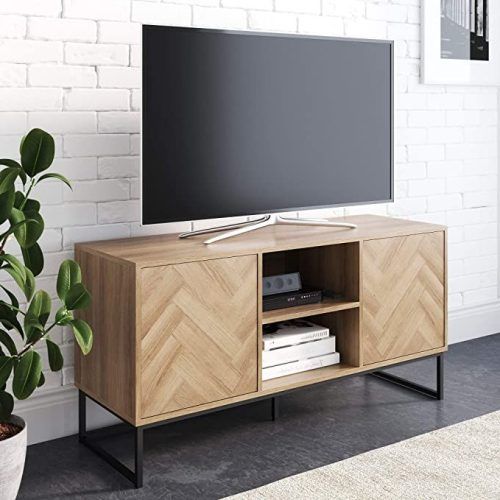 Media Console Cabinet Tv Stands With Hidden Storage Herringbone Pattern Wood Metal (Photo 2 of 20)