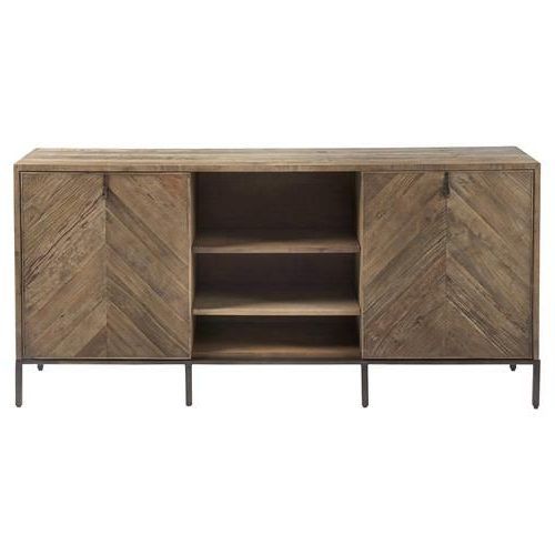 Media Console Cabinet Tv Stands With Hidden Storage Herringbone Pattern Wood Metal (Photo 3 of 20)