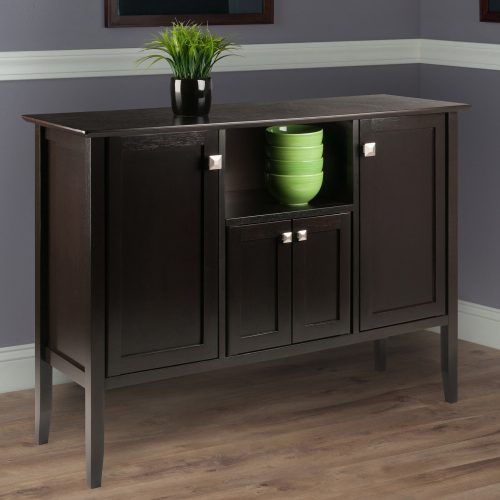 Contemporary Wooden Buffets With Four Open Compartments And Metal Tapered Legs (Photo 16 of 20)