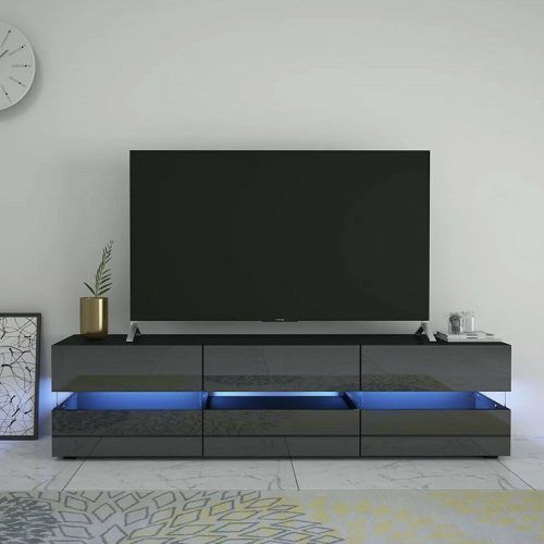 Zimtown Modern Tv Stands High Gloss Media Console Cabinet With Led Shelf And Drawers (Photo 14 of 20)
