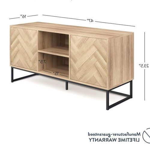 Media Console Cabinet Tv Stands With Hidden Storage Herringbone Pattern Wood Metal (Photo 7 of 20)