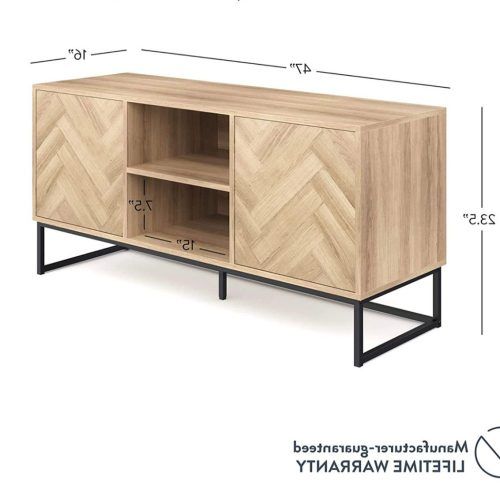 Media Console Cabinet Tv Stands With Hidden Storage Herringbone Pattern Wood Metal (Photo 13 of 20)