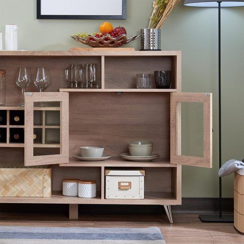 Contemporary Wooden Buffets With Four Open Compartments And Metal Tapered Legs (Photo 2 of 20)