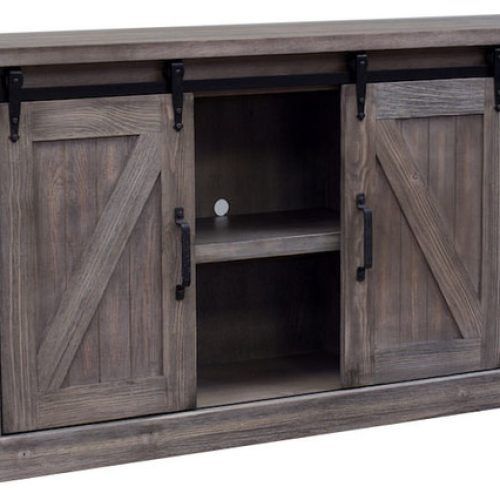 Jaxpety 58" Farmhouse Sliding Barn Door Tv Stands In Rustic Gray (Photo 6 of 20)