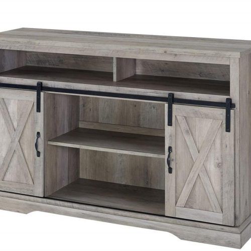 Jaxpety 58" Farmhouse Sliding Barn Door Tv Stands In Rustic Gray (Photo 20 of 20)
