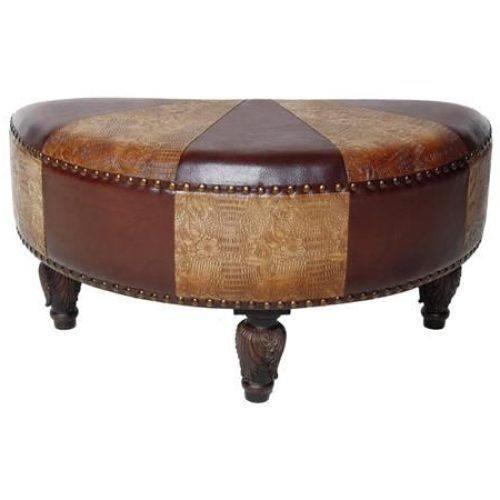 Brown Leather Hide Round Ottomans (Photo 7 of 20)