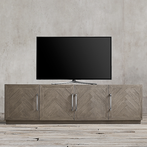 Media Console Cabinet Tv Stands With Hidden Storage Herringbone Pattern Wood Metal (Photo 5 of 20)