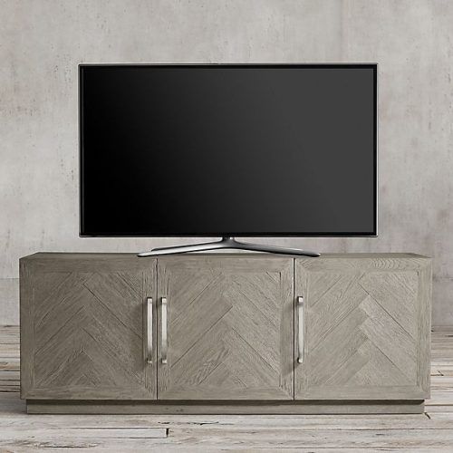Media Console Cabinet Tv Stands With Hidden Storage Herringbone Pattern Wood Metal (Photo 8 of 20)