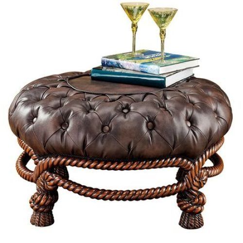 Brown Faux Leather Tufted Round Wood Ottomans (Photo 18 of 20)