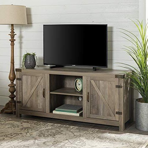 Jaxpety 58" Farmhouse Sliding Barn Door Tv Stands In Rustic Gray (Photo 1 of 20)