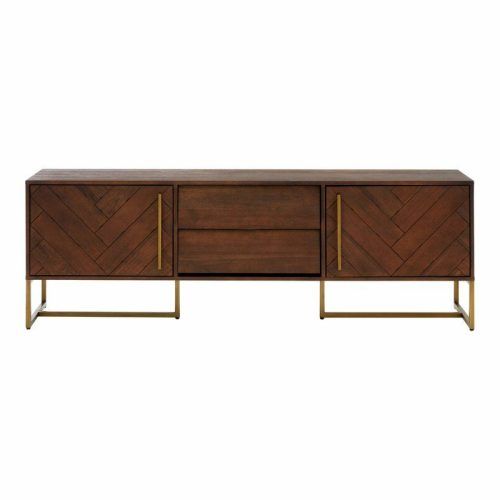 Media Console Cabinet Tv Stands With Hidden Storage Herringbone Pattern Wood Metal (Photo 10 of 20)