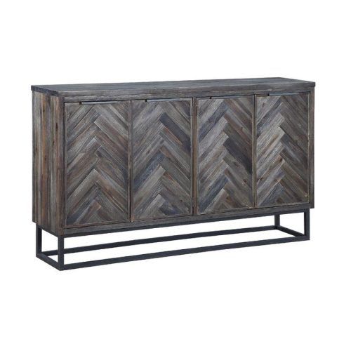 Media Console Cabinet Tv Stands With Hidden Storage Herringbone Pattern Wood Metal (Photo 9 of 20)