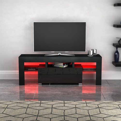 Zimtown Modern Tv Stands High Gloss Media Console Cabinet With Led Shelf And Drawers (Photo 6 of 20)