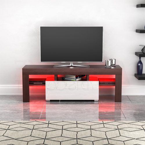 Zimtown Modern Tv Stands High Gloss Media Console Cabinet With Led Shelf And Drawers (Photo 2 of 20)