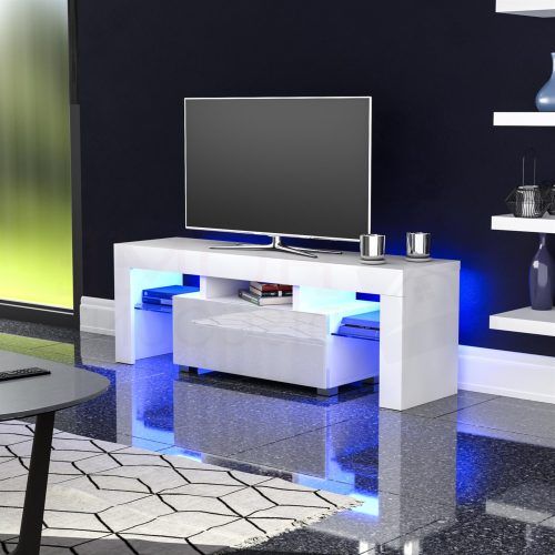 Zimtown Modern Tv Stands High Gloss Media Console Cabinet With Led Shelf And Drawers (Photo 3 of 20)