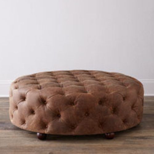 Brown Leather Hide Round Ottomans (Photo 14 of 20)