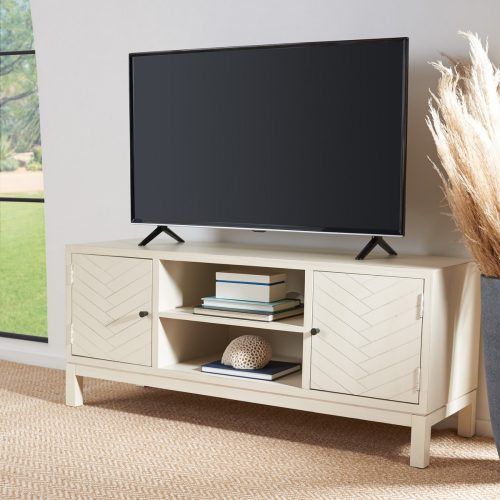 Media Console Cabinet Tv Stands With Hidden Storage Herringbone Pattern Wood Metal (Photo 6 of 20)