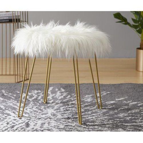 White Faux Fur And Gold Metal Ottomans (Photo 1 of 20)