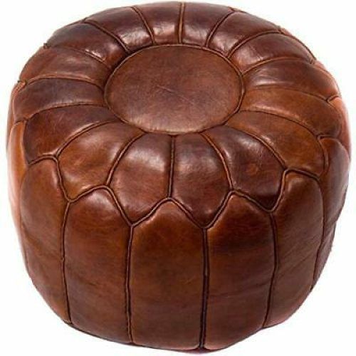 Brown Leather Round Pouf Ottomans (Photo 3 of 20)
