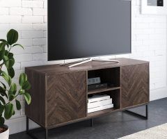 20 The Best Media Console Cabinet Tv Stands with Hidden Storage Herringbone Pattern Wood Metal