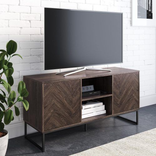Media Console Cabinet Tv Stands With Hidden Storage Herringbone Pattern Wood Metal (Photo 1 of 20)