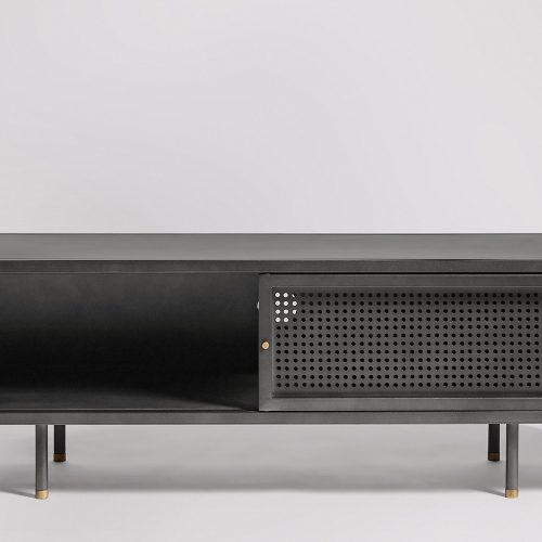 Gunmetal Perforated Brass Media Console Tables (Photo 8 of 20)
