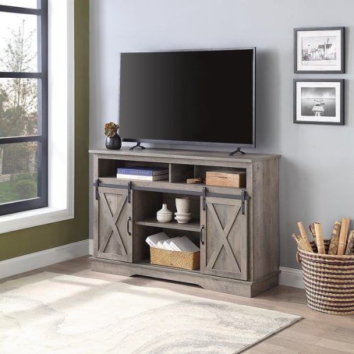 Jaxpety 58" Farmhouse Sliding Barn Door Tv Stands In Rustic Gray (Photo 15 of 20)