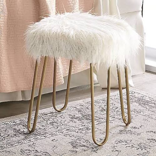 White Faux Fur And Gold Metal Ottomans (Photo 12 of 20)
