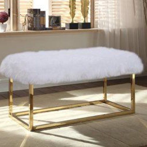 White Faux Fur And Gold Metal Ottomans (Photo 15 of 20)