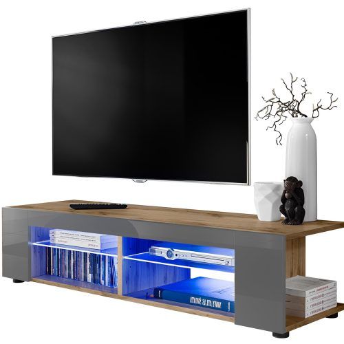 Zimtown Modern Tv Stands High Gloss Media Console Cabinet With Led Shelf And Drawers (Photo 4 of 20)