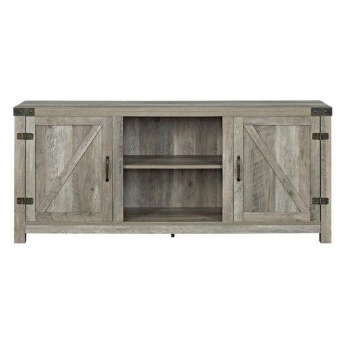 Jaxpety 58" Farmhouse Sliding Barn Door Tv Stands In Rustic Gray (Photo 11 of 20)