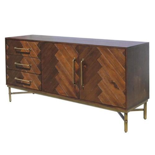 Media Console Cabinet Tv Stands With Hidden Storage Herringbone Pattern Wood Metal (Photo 6 of 20)