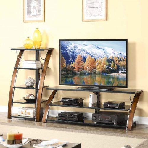 Whalen Furniture Black Tv Stands For 65" Flat Panel Tvs With Tempered Glass Shelves (Photo 11 of 20)