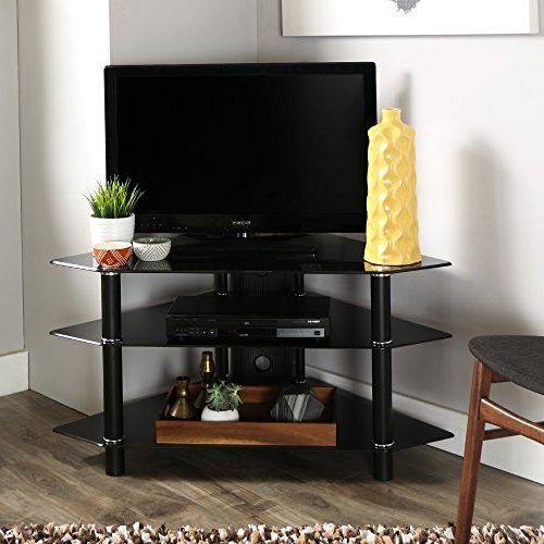 Whalen Furniture Black Tv Stands For 65" Flat Panel Tvs With Tempered Glass Shelves (Photo 13 of 20)
