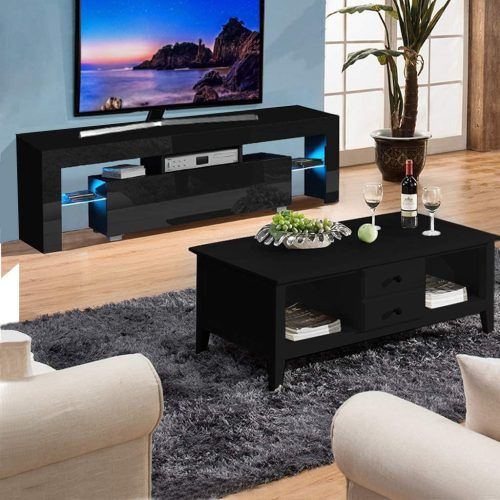Tv Stands Cabinet Media Console Shelves 2 Drawers With Led Light (Photo 3 of 20)